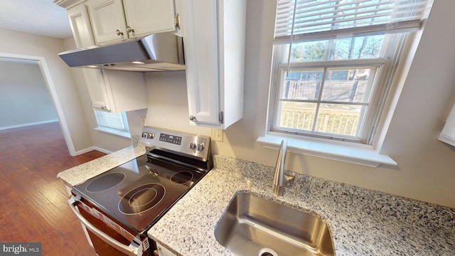 12459 Charter Oak Ct, Waldorf, MD 20601 - kitchen with electric stove, white cabinetry, sink, and light stone counters