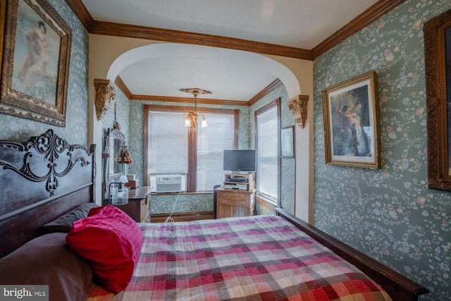 bedroom with crown molding and cooling unit