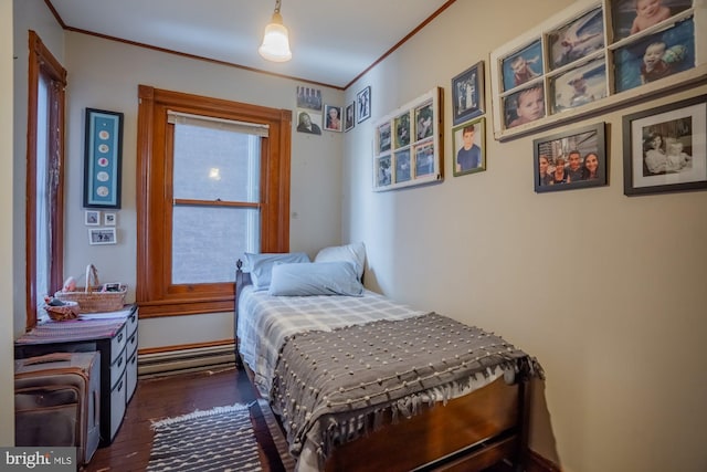 bedroom with crown molding and dark wood-type flooring