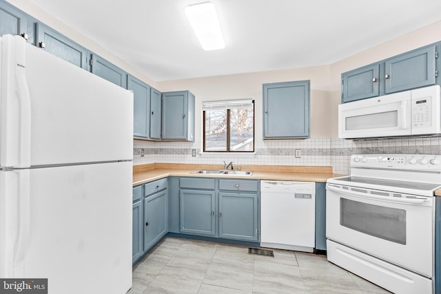 kitchen featuring sink, white appliances, and blue cabinetry