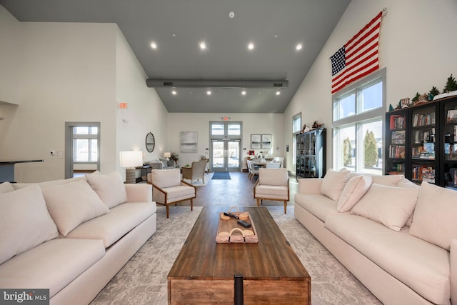 108 Zachary Way, Pottstown, PA 19464 - living room with high vaulted ceiling, wood finished floors, recessed lighting, and french doors