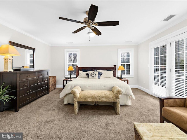 carpeted bedroom featuring access to exterior, ornamental molding, and ceiling fan