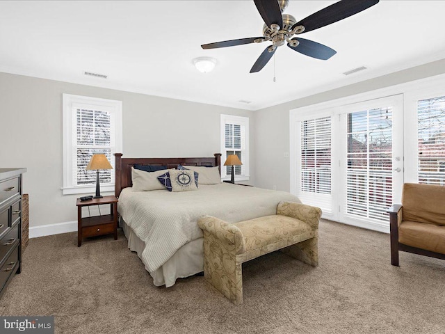 carpeted bedroom featuring access to outside and ceiling fan