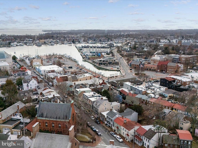 bird's eye view with a water view