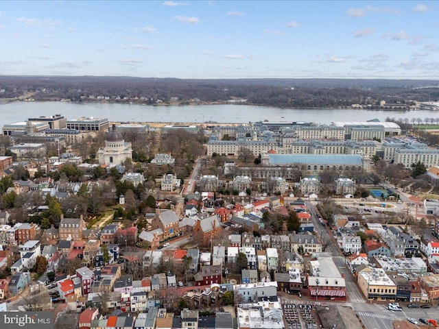 drone / aerial view with a water view