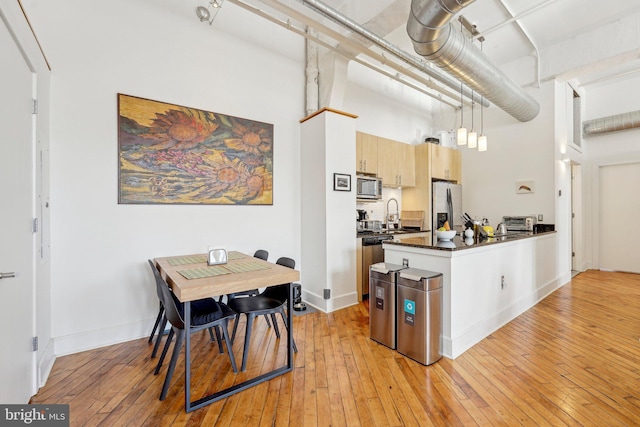 kitchen featuring stainless steel appliances, hanging light fixtures, light brown cabinets, and light hardwood / wood-style floors