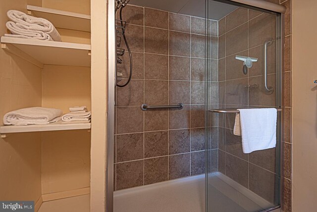 bathroom featuring a shower with door