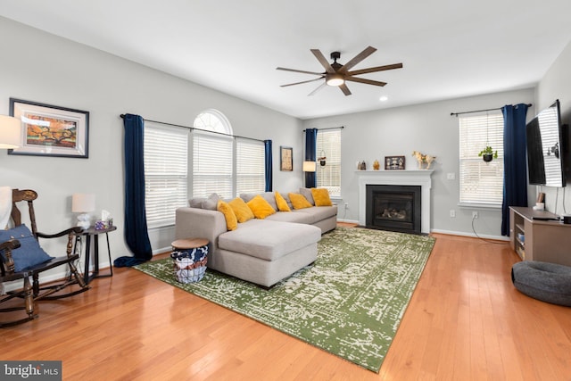 living room with hardwood / wood-style floors and ceiling fan