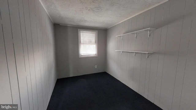 empty room featuring wooden walls and a textured ceiling