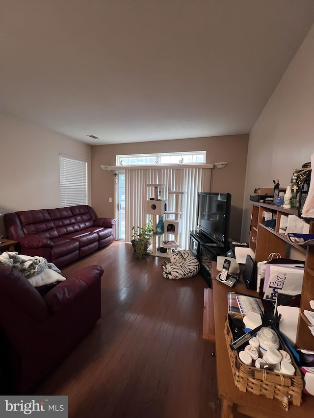 living room with dark hardwood / wood-style flooring