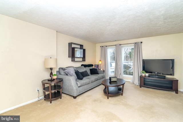 living room featuring carpet and a textured ceiling