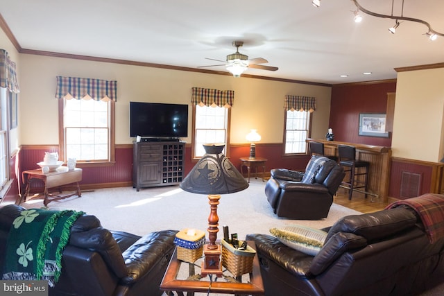 carpeted living room with ceiling fan, ornamental molding, and wooden walls