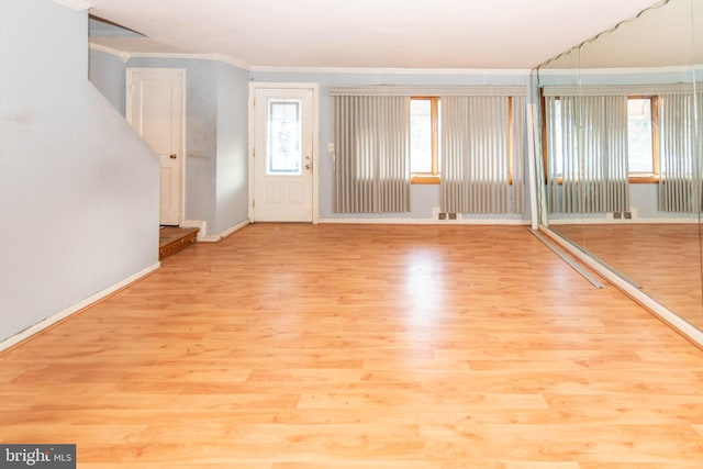 interior space featuring ornamental molding, a healthy amount of sunlight, and light wood-type flooring