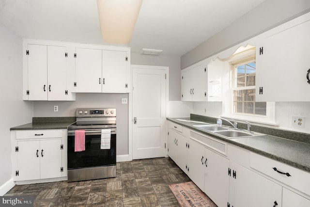 kitchen featuring white cabinetry, sink, and stainless steel electric range