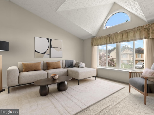 carpeted living room featuring a textured ceiling and high vaulted ceiling