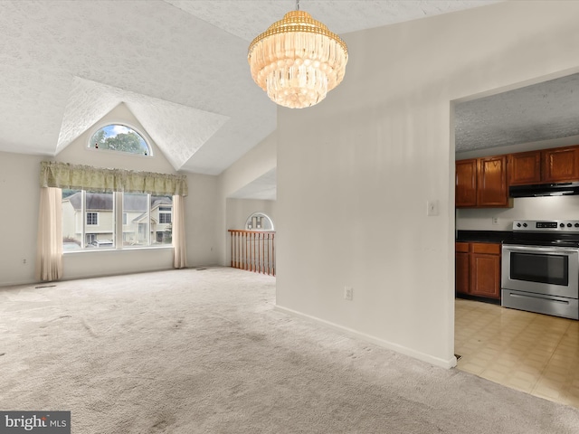 unfurnished living room featuring a textured ceiling, a chandelier, lofted ceiling, light carpet, and baseboards