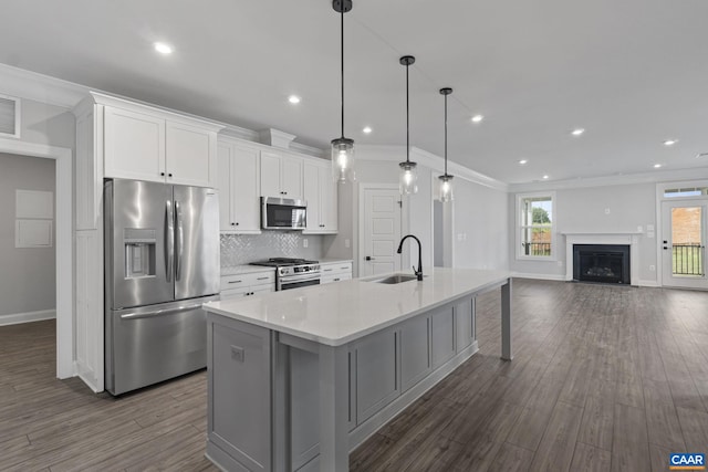 kitchen with white cabinetry, stainless steel appliances, a kitchen island with sink, and sink