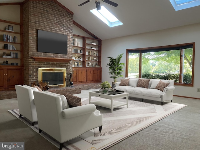 living room with lofted ceiling with skylight, built in shelves, a fireplace, and light colored carpet