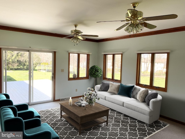 living room with ornamental molding, ceiling fan, and carpet flooring