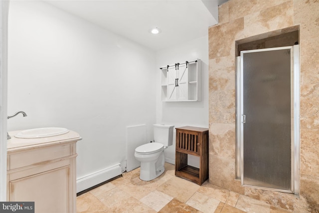 bathroom with vanity, a baseboard radiator, toilet, and walk in shower