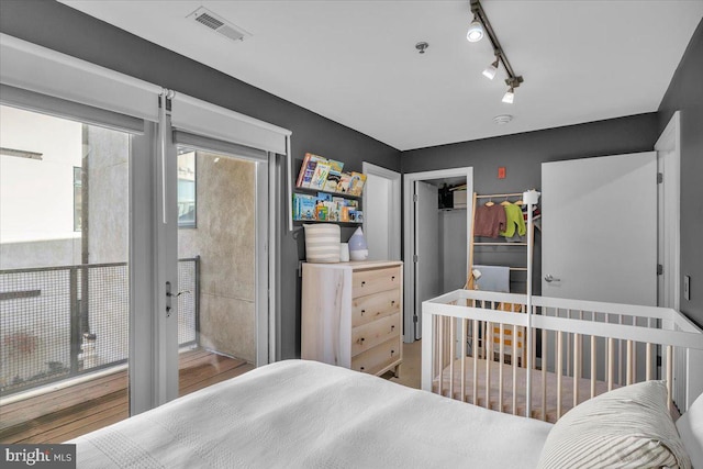 bedroom featuring track lighting and a closet