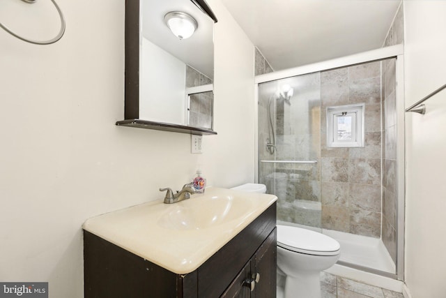 bathroom with vanity, an enclosed shower, and toilet