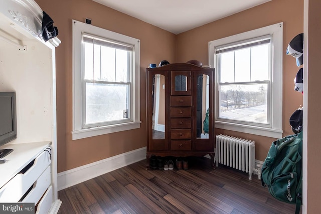 interior space with radiator and dark hardwood / wood-style floors