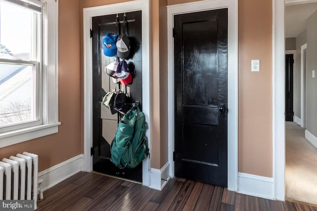 entryway featuring dark wood-type flooring and radiator heating unit