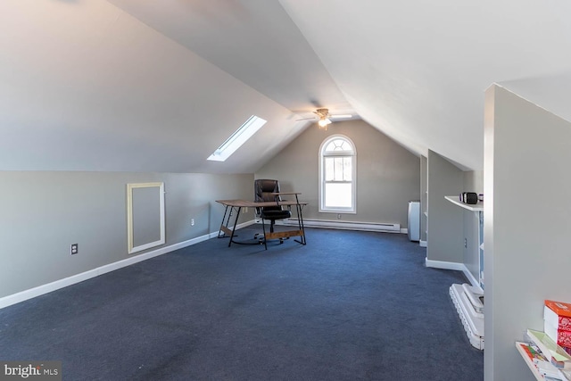 unfurnished office with baseboard heating, dark carpet, ceiling fan, and vaulted ceiling