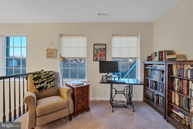 sitting room featuring light carpet