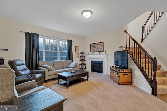 living room with light colored carpet