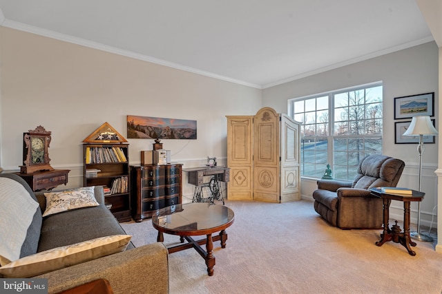 living room featuring crown molding and light carpet