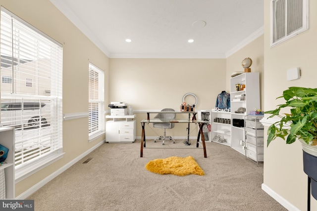 office space featuring ornamental molding and light colored carpet