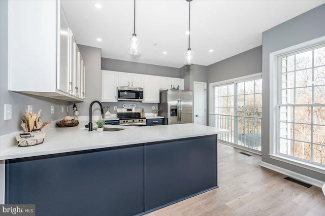 kitchen featuring pendant lighting, sink, stainless steel appliances, white cabinets, and kitchen peninsula