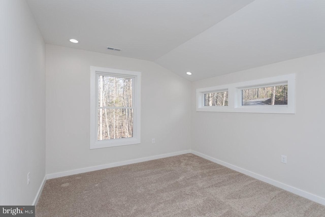 carpeted empty room with lofted ceiling and a healthy amount of sunlight