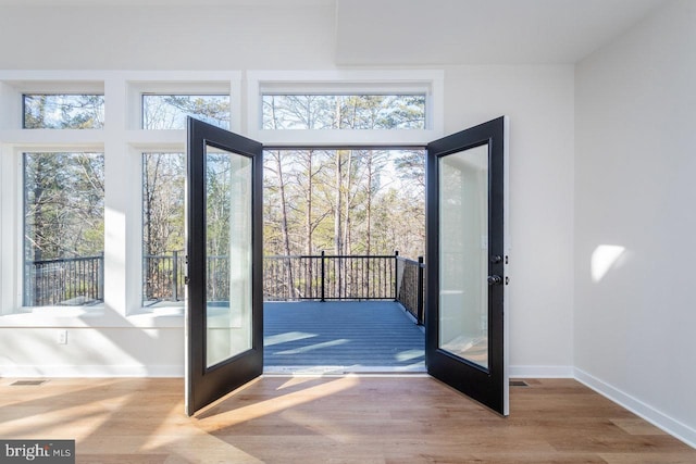 doorway featuring hardwood / wood-style floors, french doors, and a healthy amount of sunlight