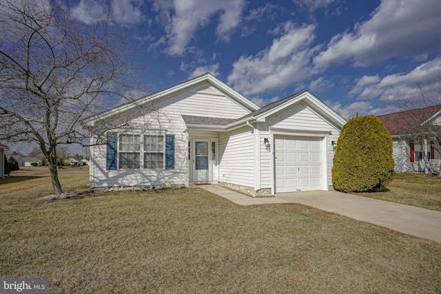 single story home with a garage and a front lawn