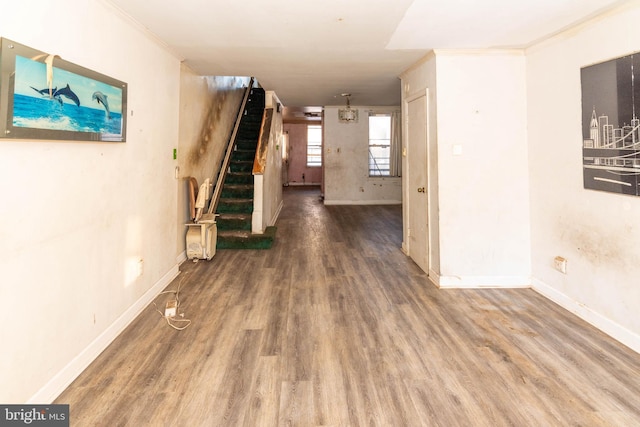 hall with crown molding and hardwood / wood-style flooring