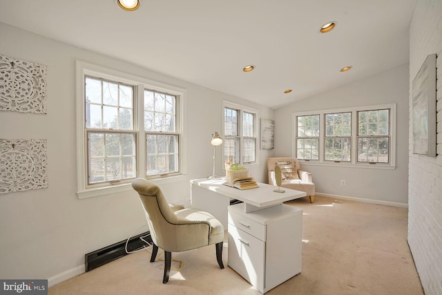 office space with recessed lighting, baseboards, light colored carpet, and vaulted ceiling