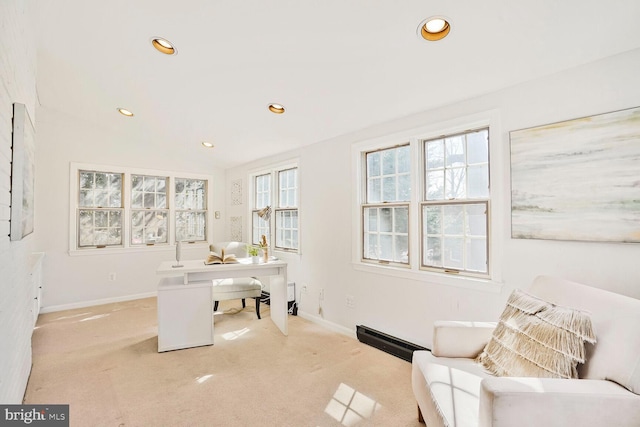 home office with recessed lighting, light colored carpet, and baseboards