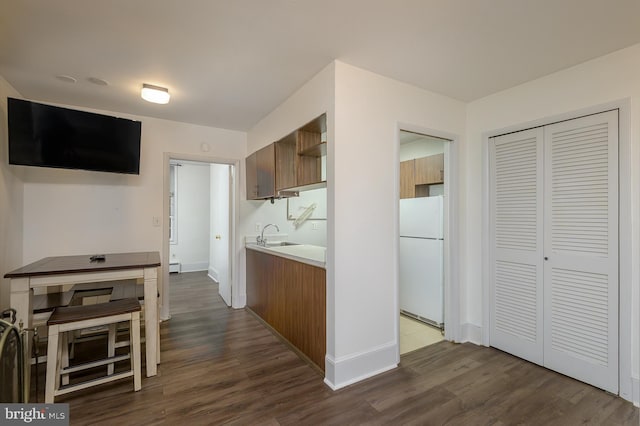 kitchen featuring a baseboard radiator, white fridge, dark hardwood / wood-style floors, and sink