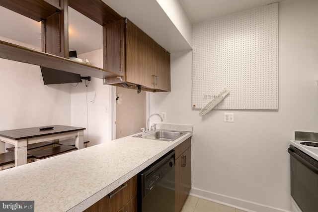 kitchen featuring sink, light tile patterned flooring, black dishwasher, and white electric range oven