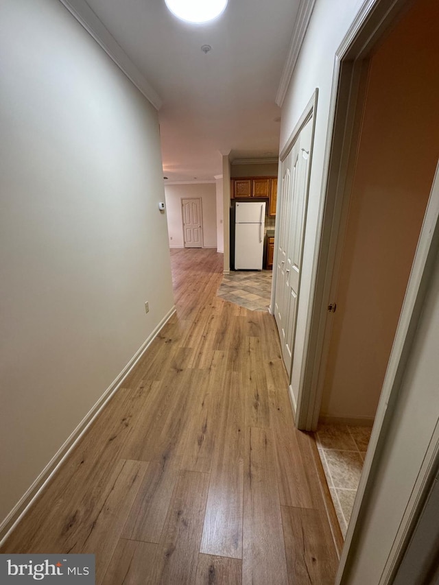 corridor featuring crown molding and light wood-type flooring