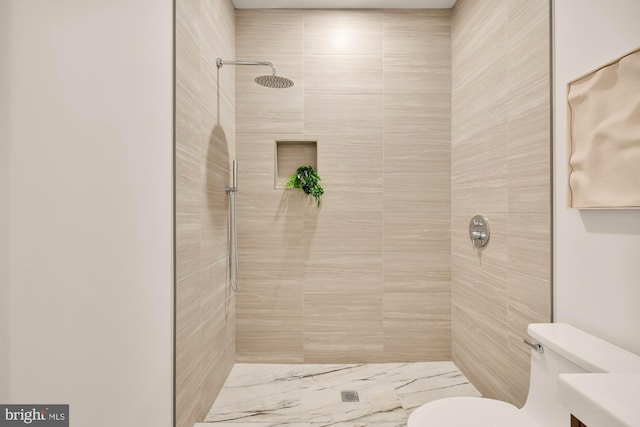 bathroom with vanity, toilet, and a tile shower