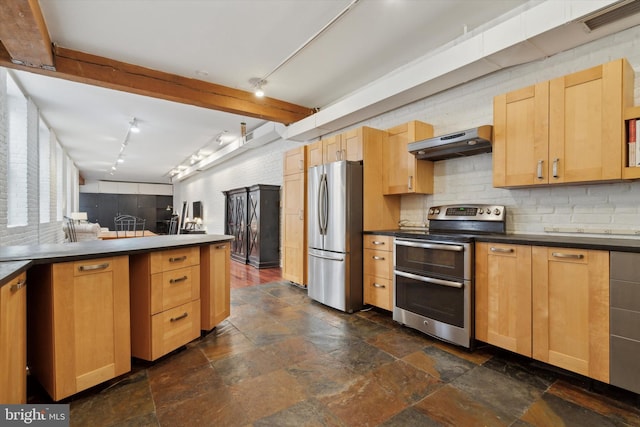 kitchen with rail lighting, backsplash, beam ceiling, stainless steel appliances, and light brown cabinetry