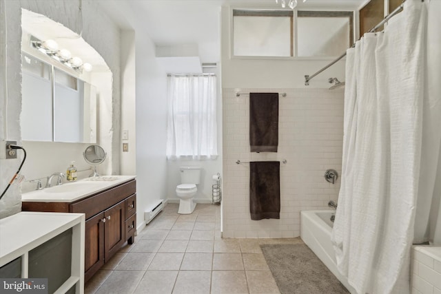 full bathroom with a baseboard radiator, vanity, shower / tub combo, toilet, and tile patterned floors