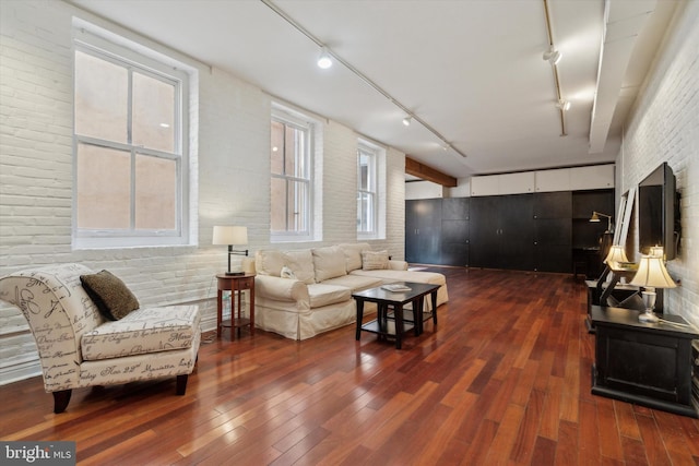 living room featuring rail lighting, brick wall, and dark hardwood / wood-style floors