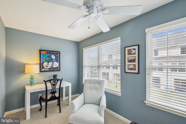 interior space featuring ceiling fan