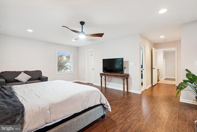 bedroom featuring dark wood-type flooring and ceiling fan