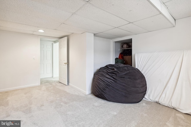 basement featuring light carpet and a drop ceiling